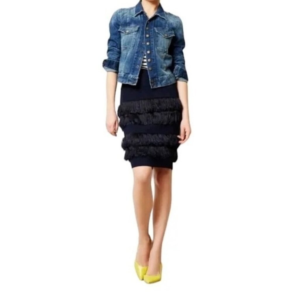 NWOT Eva Franco blue knee length skirt with tiered fringe accent, 10